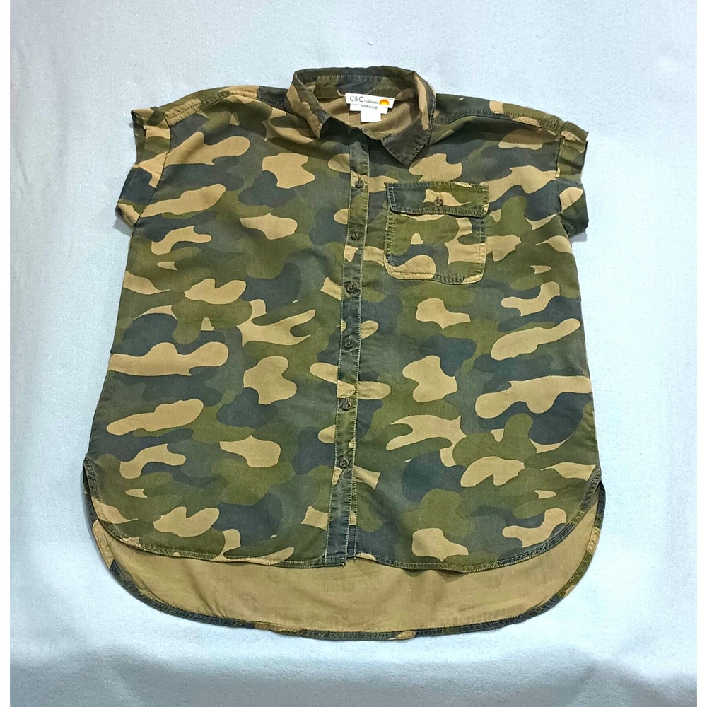 C&C California Womens XS Camouflage Sleeveless Lyocell Button Up Shirt Green